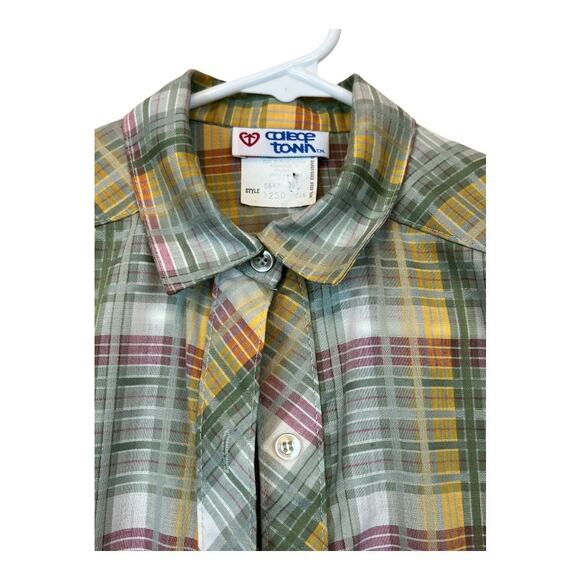Vintage Plaid Button Up Blouse Shirt Top Retro 70s 80s Neutral - Picture 3 of 6